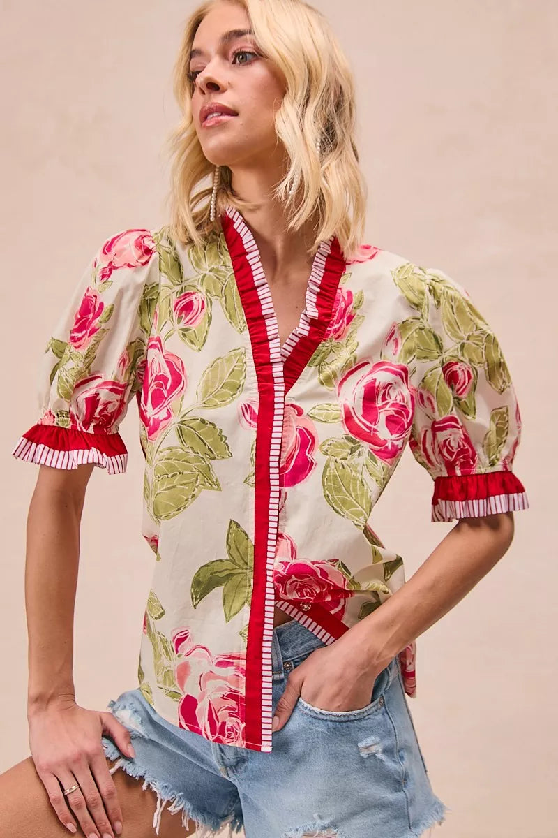 BiBi Floral Printed Woven Contrast Edge Ruffled Blouse - Glamourous Grace