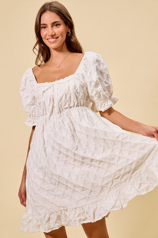 SO ME Texture Woven Ruching On Bust Mini Dress in White - Glamourous Grace