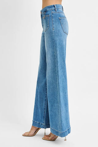 RISEN Mid Rise Wide Front Patch Pocket Denim Jeans