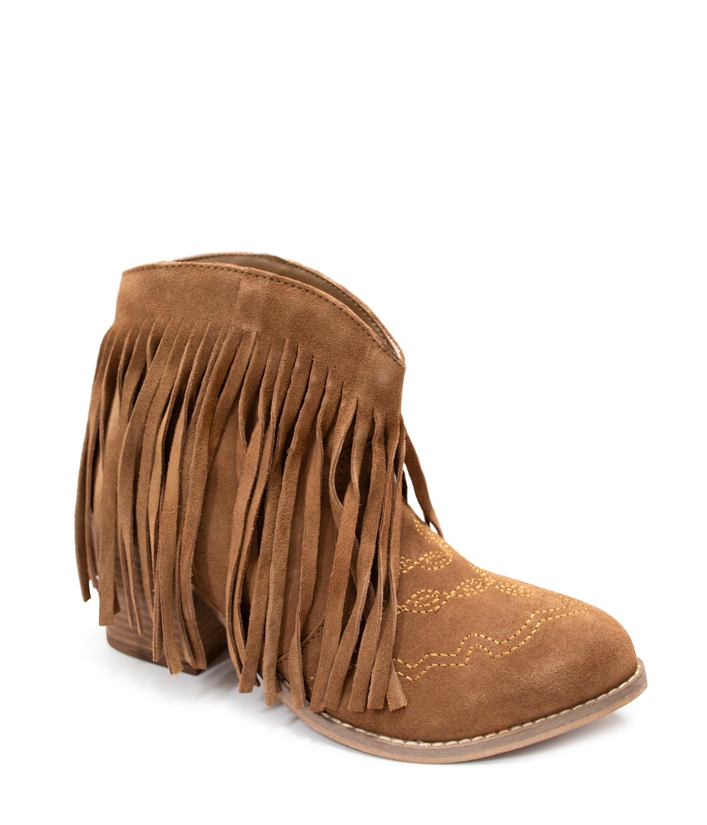 Amos Fringe Ankle Bootie in Tan Suede - Glamourous Grace