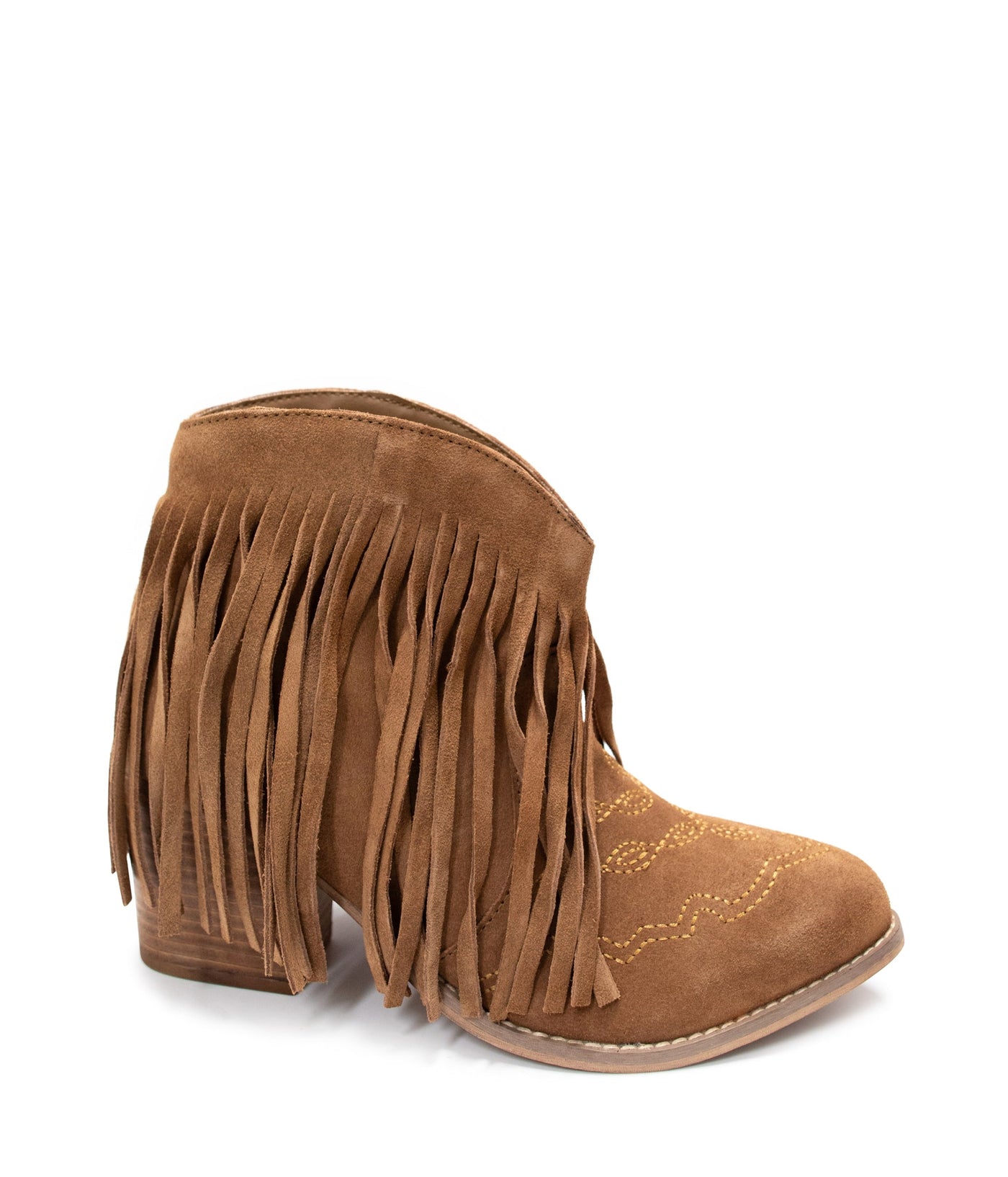 Amos Fringe Ankle Bootie in Tan Suede - Glamourous Grace