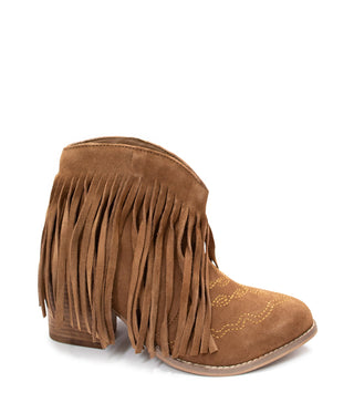 Amos Fringe Ankle Bootie in Tan Suede - Glamourous Grace