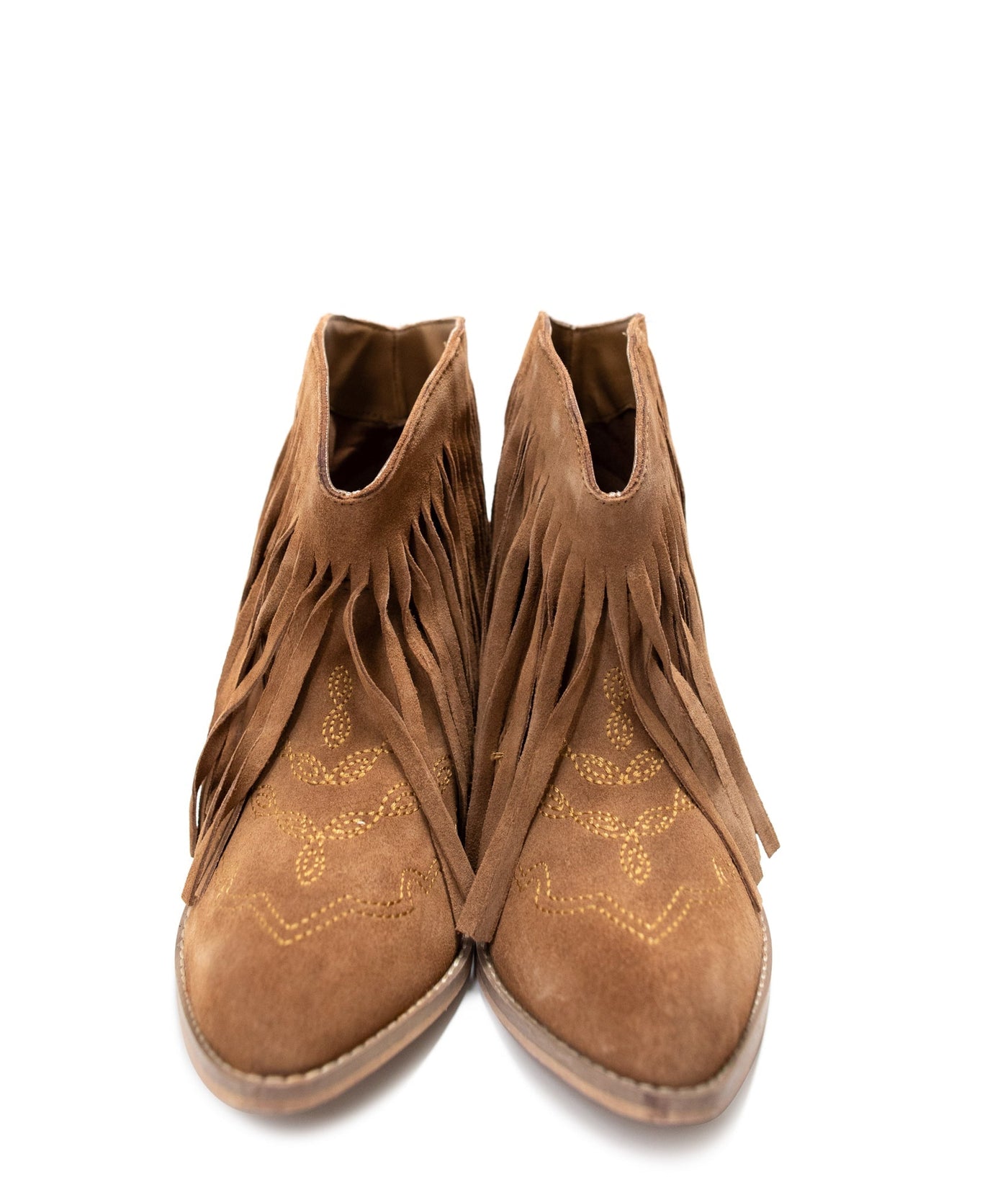 Amos Fringe Ankle Bootie in Tan Suede - Glamourous Grace