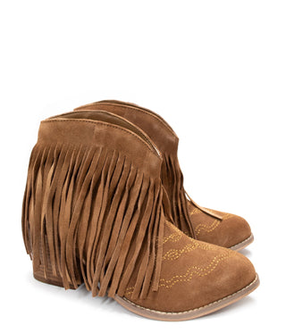 Amos Fringe Ankle Bootie in Tan Suede - Glamourous Grace