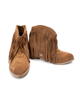 Amos Fringe Ankle Bootie in Tan Suede - Glamourous Grace