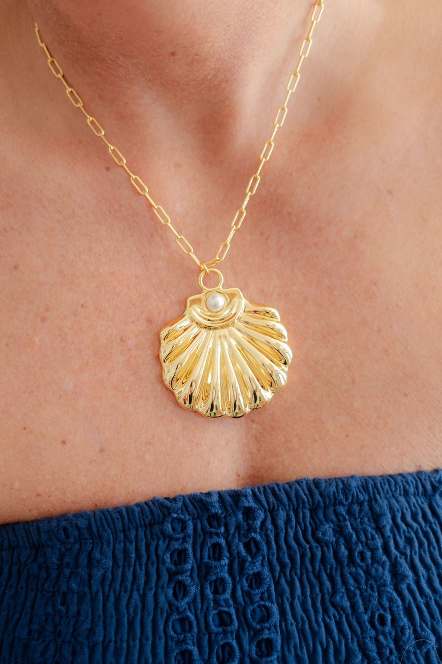 Ashley - Large Gold & Pearl Shell Charm Necklace - 18k Gold Plated - Glamourous Grace