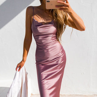 Lady Black Tie Aspen Midi Dress in mauve satin slip style, featuring a smooth, elegant fabric and a flattering midi length.