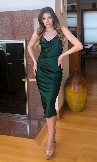 Lady Black Tie Aspen Midi Dress in emerald green satin, featuring a sleek slip silhouette and elegant midi length.