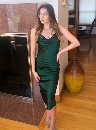 Emerald green satin Aspen Midi Dress by Lady Black Tie, featuring a sleek slip style and elegant midi length.