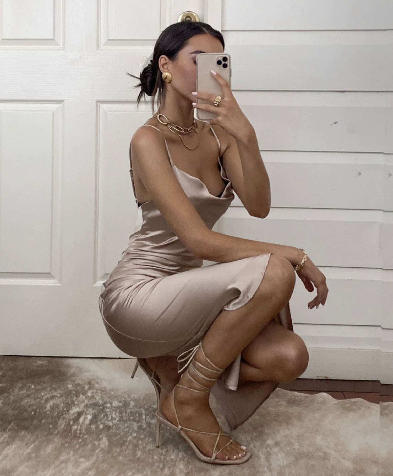 Aspen Midi Dress - Champagne Satin Slip Dress - Glamourous Grace