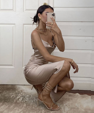 Aspen Midi Dress - Champagne Satin Slip Dress - Glamourous Grace