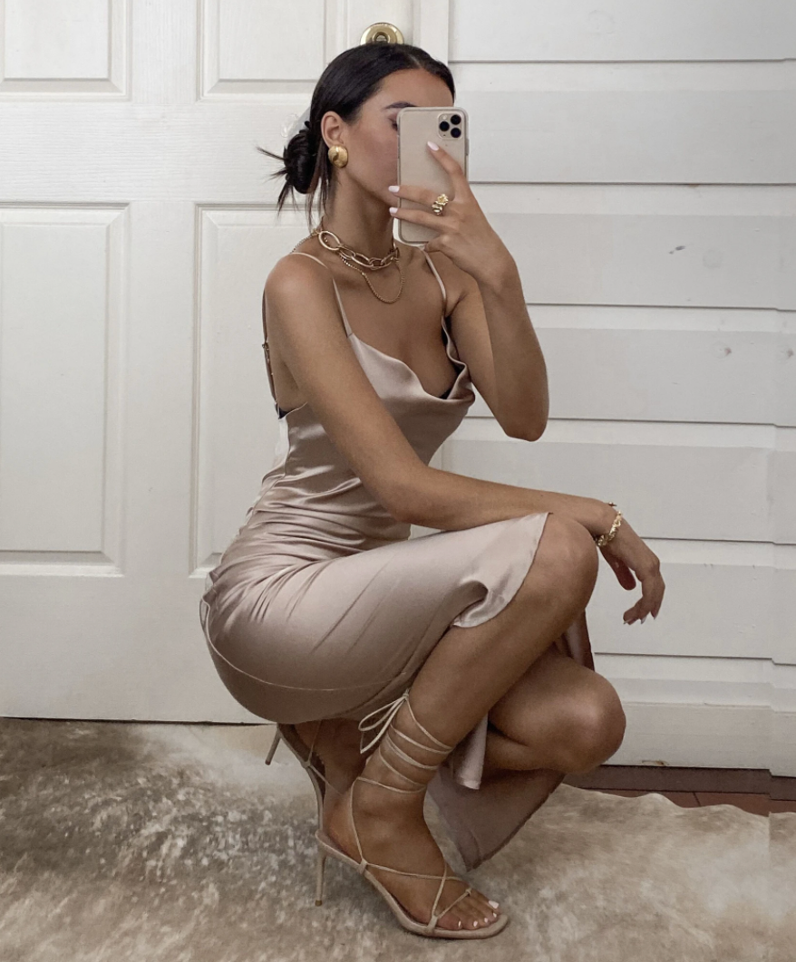 Aspen Midi Dress - Champagne Satin Slip Dress - Glamourous Grace