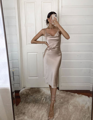 Aspen Midi Dress - Champagne Satin Slip Dress - Glamourous Grace
