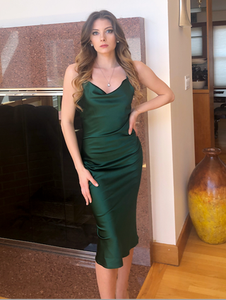 Lady Black Tie Aspen Midi Dress in emerald green satin, slip style with a sleek, elegant fit and smooth fabric.
