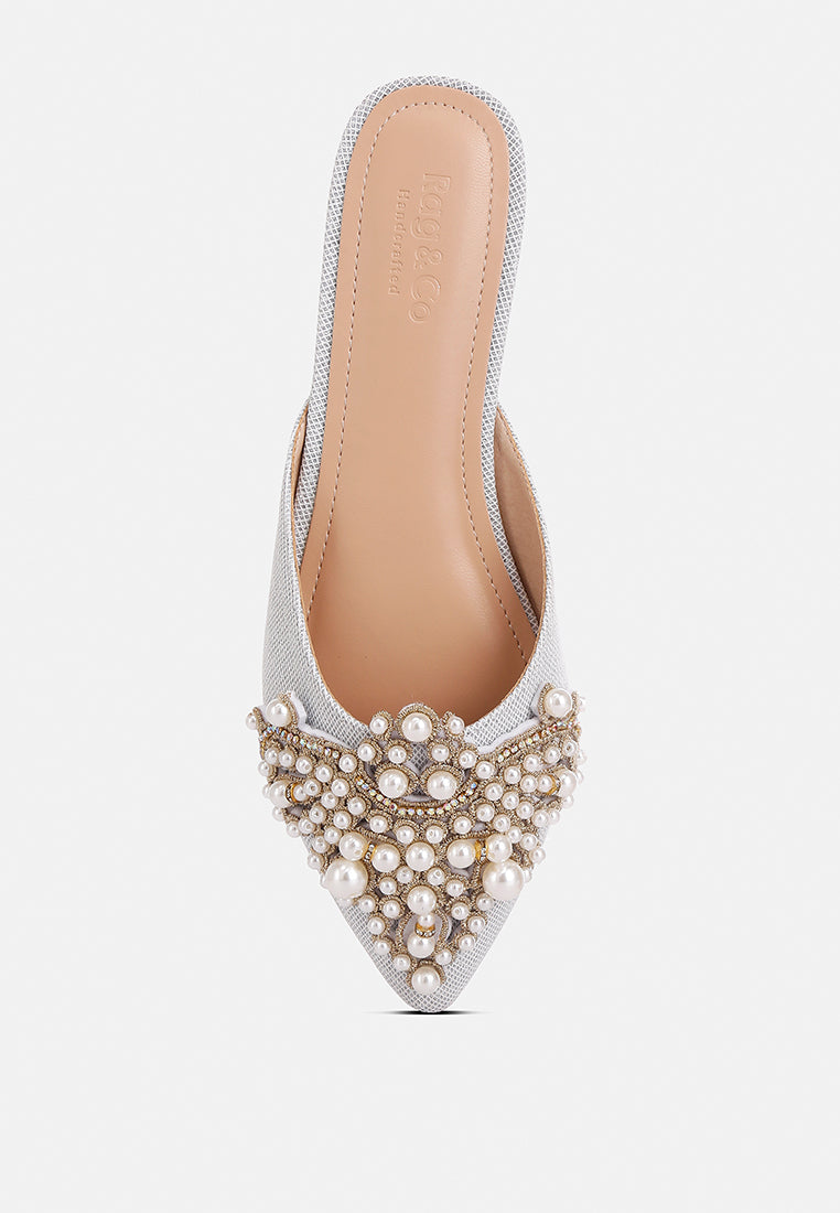Astre Pearl Embellished Shimmer Mules - Glamourous Grace