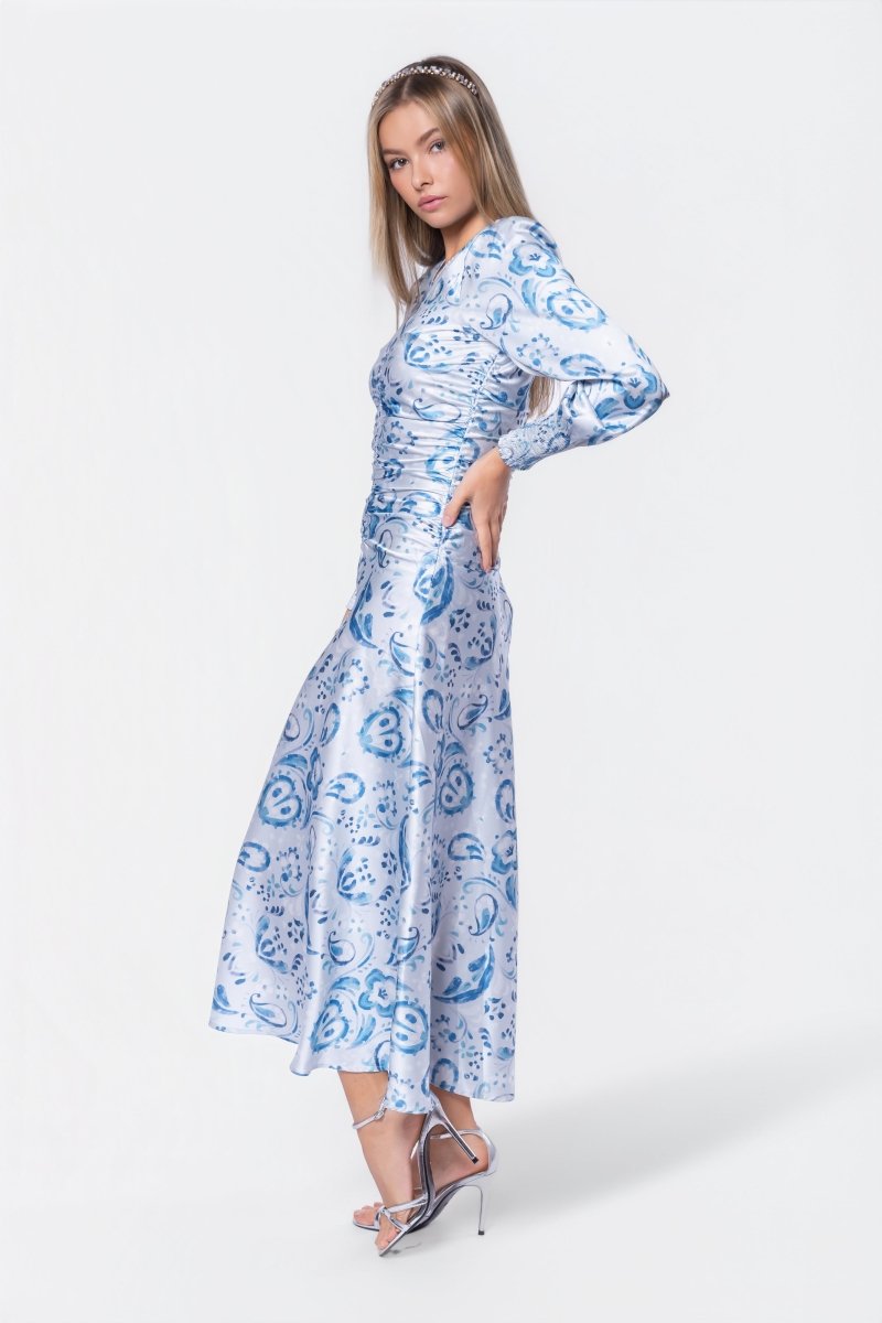 Audrey Dress Long Sleeve (Blue Pattern) - Glamourous Grace