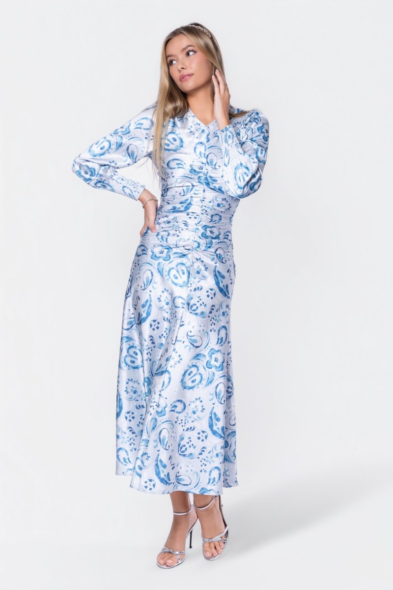 Audrey Dress Long Sleeve (Blue Pattern) - Glamourous Grace