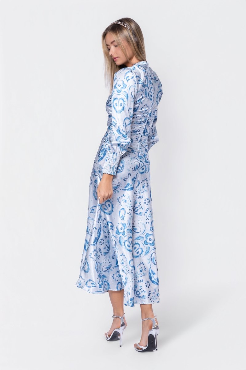 Audrey Dress Long Sleeve (Blue Pattern) - Glamourous Grace