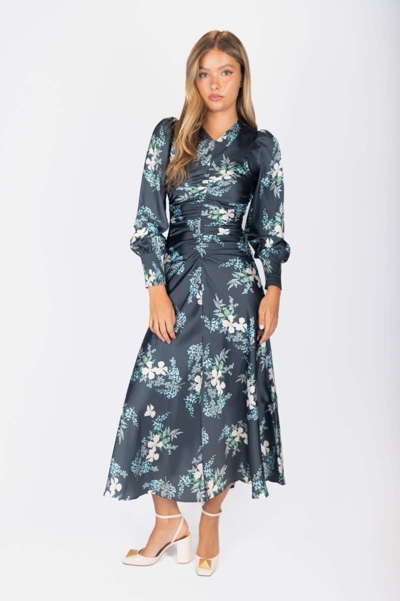 Audrey Dress Long Sleeve (Dark Green Ground) - Glamourous Grace