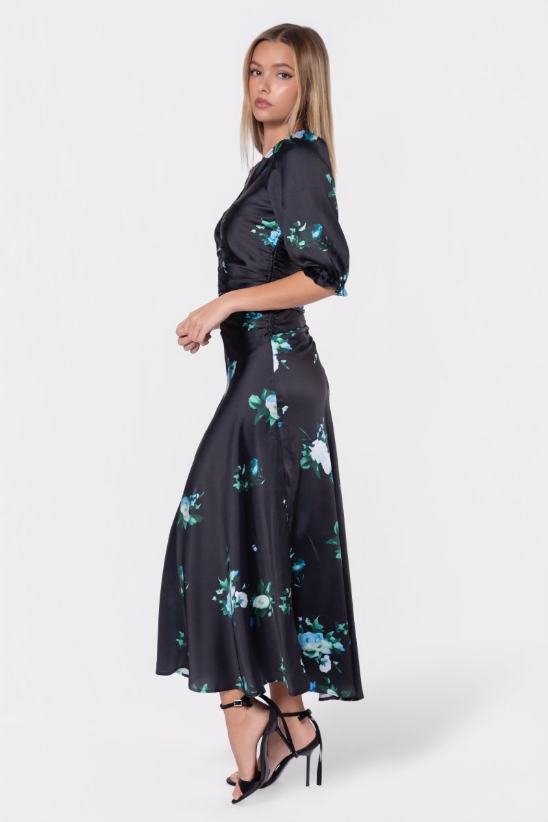 Audrey Dress Short  Sleeve (Dark Green Flower) - Glamourous Grace