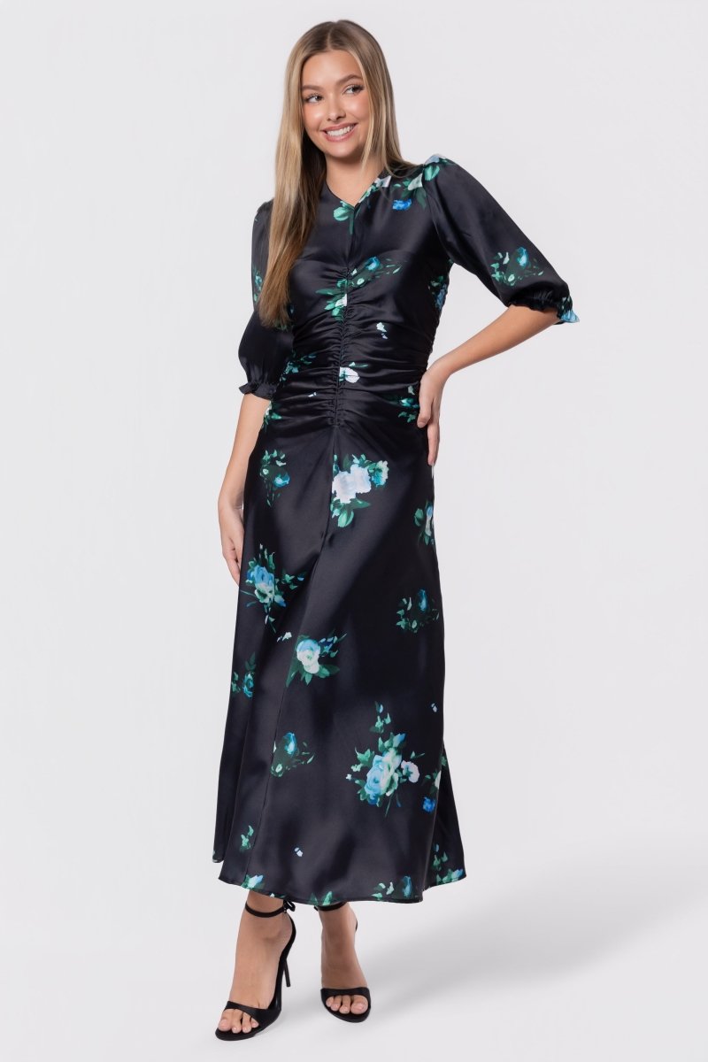 Audrey Dress Short  Sleeve (Dark Green Flower) - Glamourous Grace