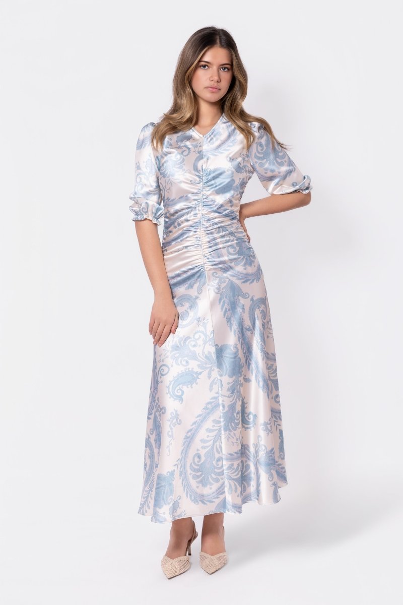 Audrey Dress Short Sleeve (Ivory/Blue) - Glamourous Grace