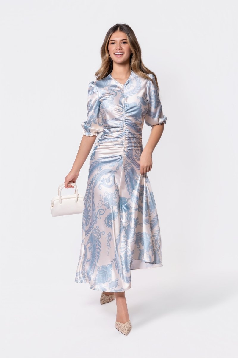 Audrey Dress Short Sleeve (Ivory/Blue) - Glamourous Grace