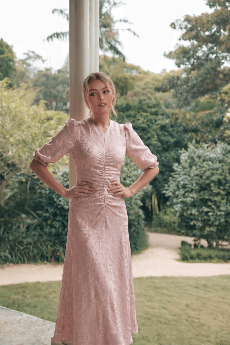 Audrey Dress Short Sleeve (Light Pink/Khaki) - Glamourous Grace