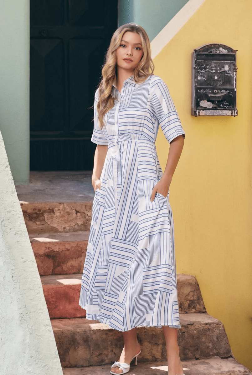 Aviana Dress (White/Blue) - Glamourous Grace