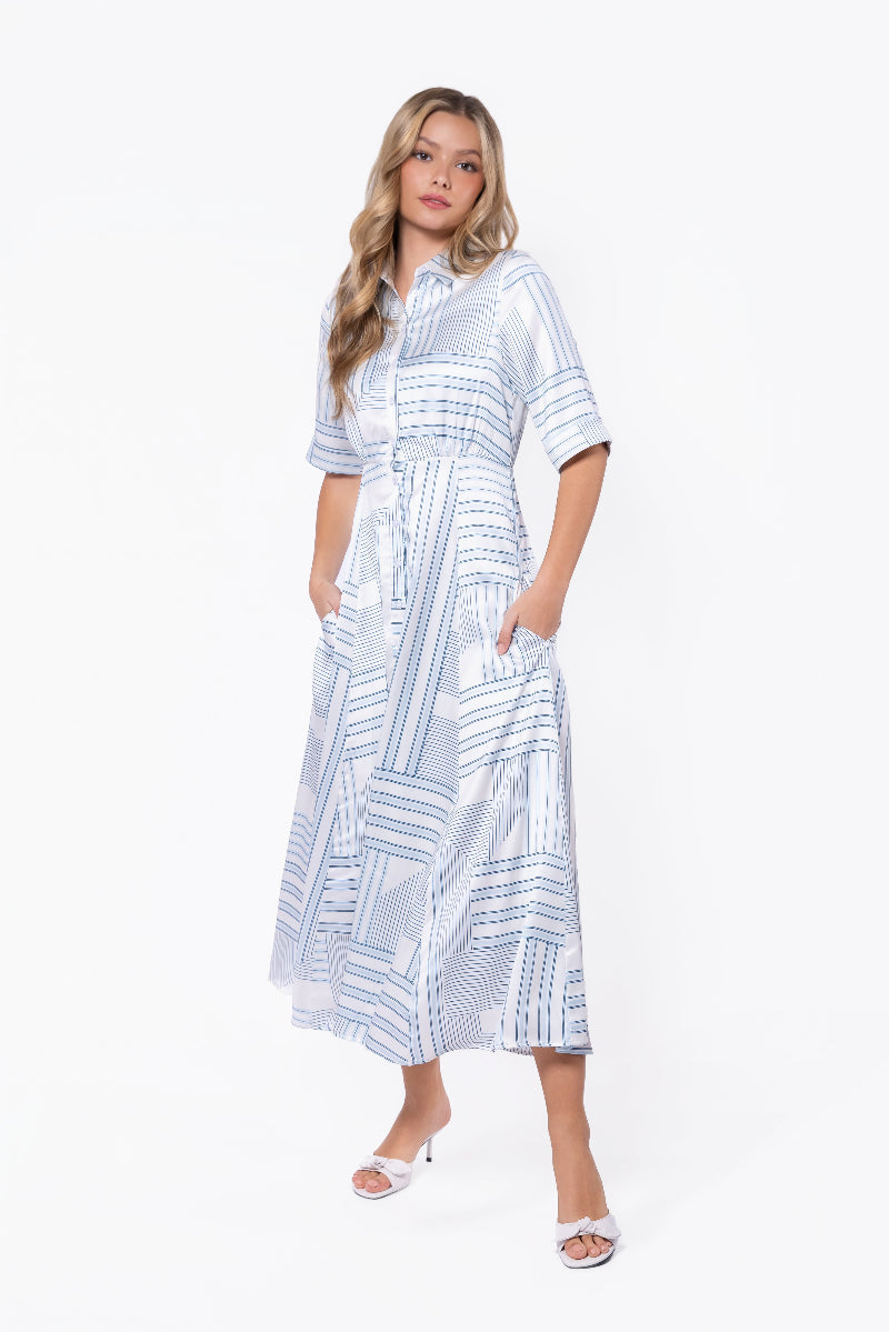 Aviana Dress (White/Blue) - Glamourous Grace