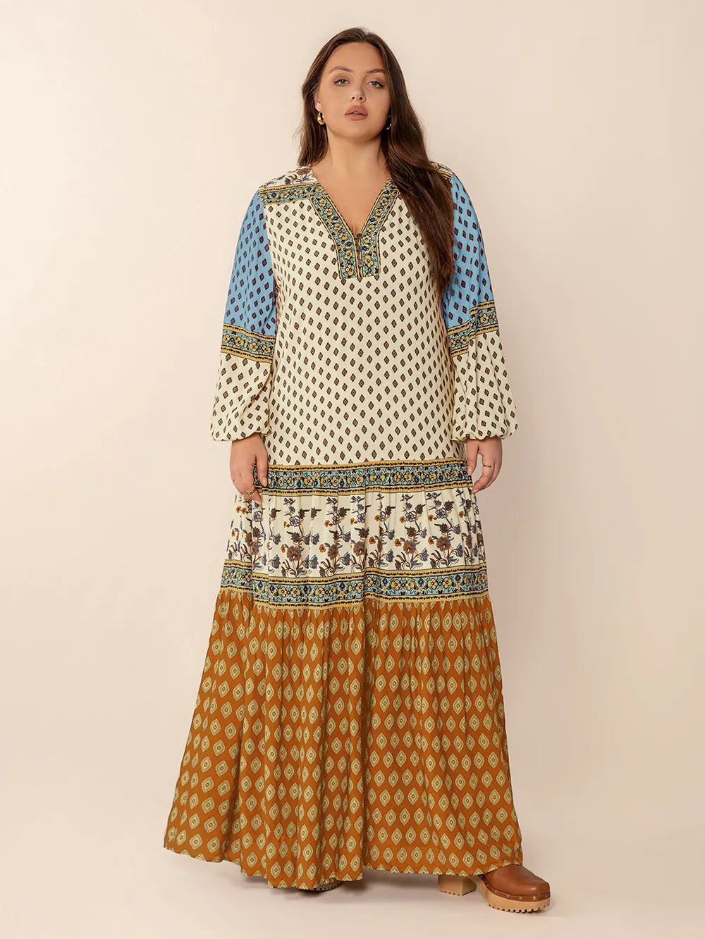 Plus Size Printed V-Neck Balloon Sleeve Maxi Dress - Glamourous Grace
