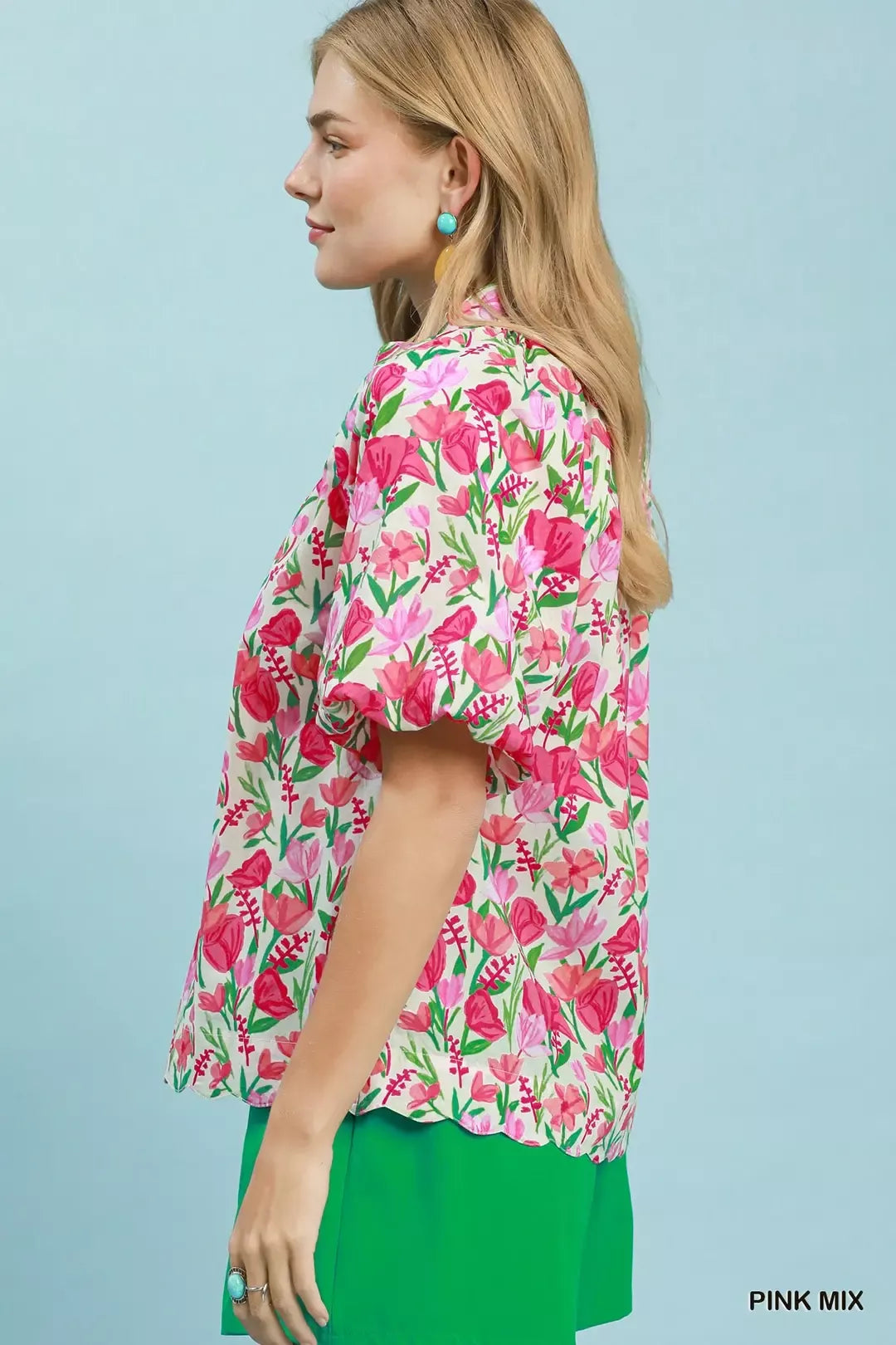 Umgee Floral Puff Sleeve Blouse with Scalloped Details - Glamourous Grace