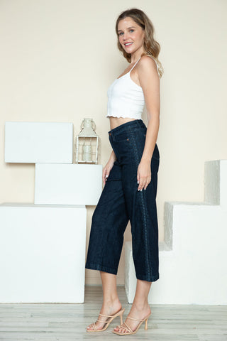 Judy Blue Side Seam Braid Detail Crop Wide Leg Blue Wash Denim Jeans