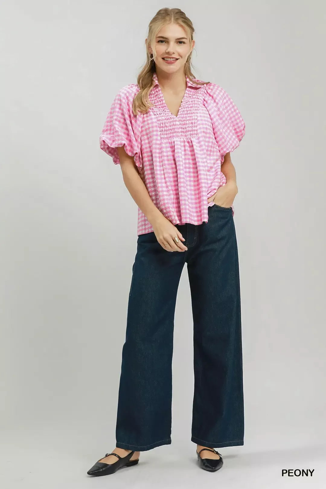 Umgee Smocked Yoke Puff Sleeve Gingham Blouse in Peony - Glamourous Grace