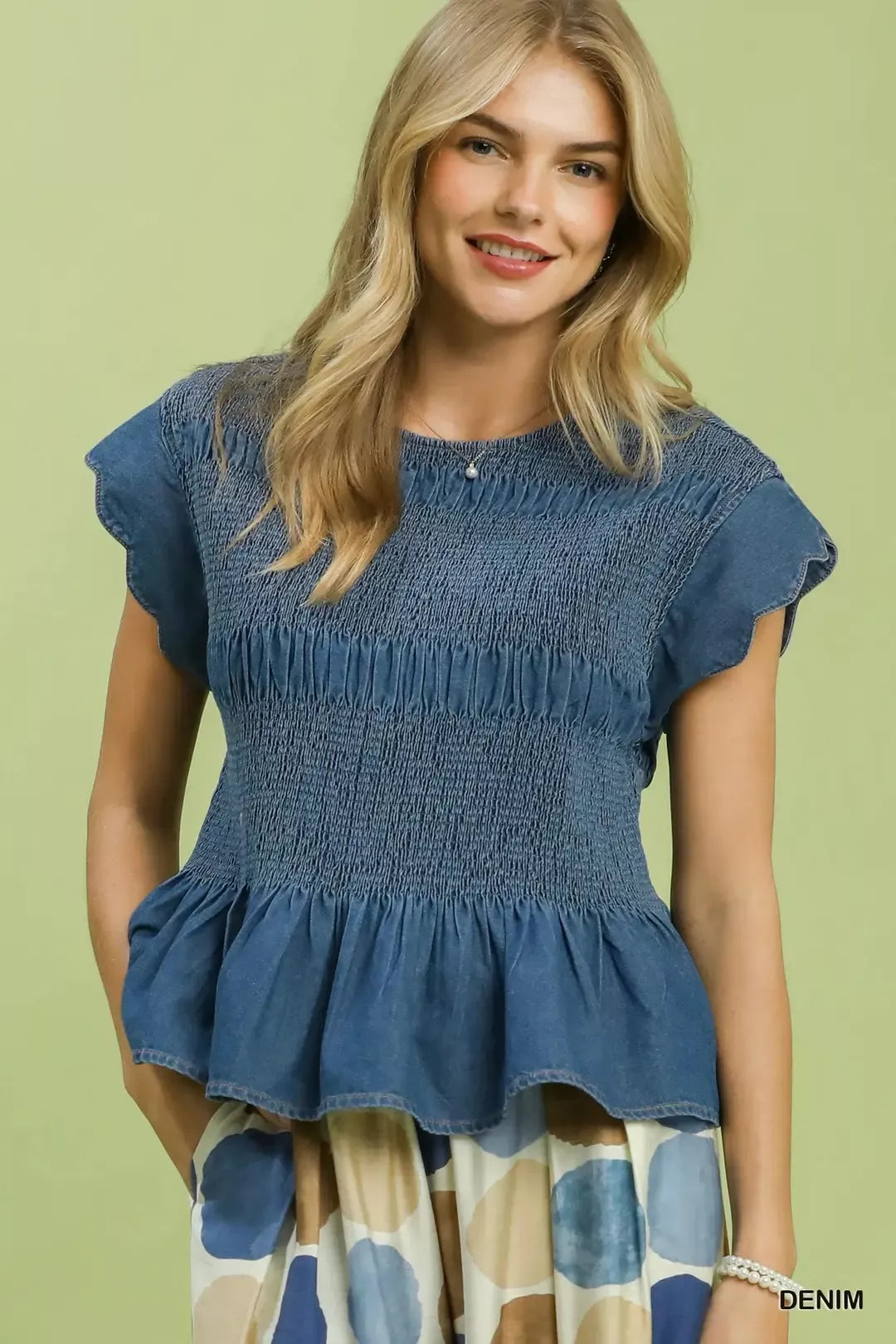Umgee Smocked Peplum Top with Scalloped Ruffle Cap Sleeves - Glamourous Grace