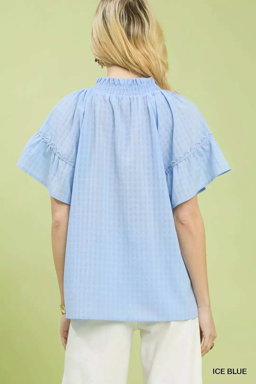 Umgee Gingham Puff Sleeve Top with Lace Trim - Glamourous Grace