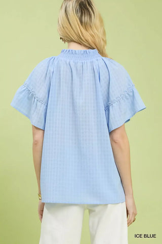 Umgee Gingham Puff Sleeve Top with Lace Trim - Glamourous Grace