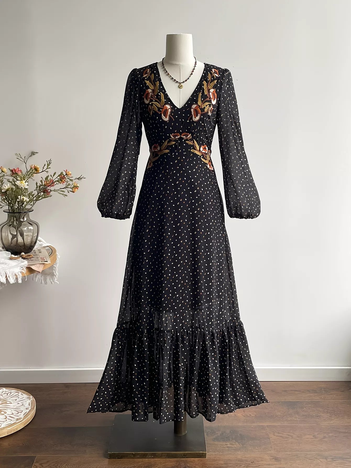 Plus Size Floral Embroidered Polka Dot Maxi Dress - Glamourous Grace