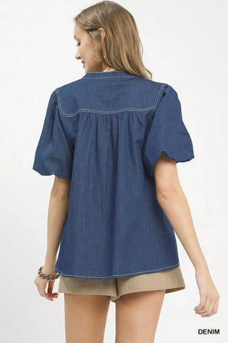 Umgee Denim Button Front Puff Sleeve Boho Blouse - Glamourous Grace
