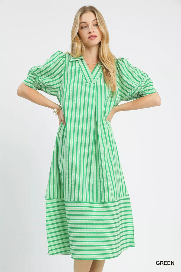 Umgee Striped Puff Sleeve Midi Dress - Glamourous Grace