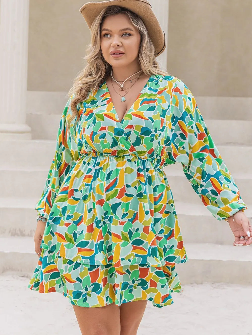 Plus Size Printed Surplice Long Sleeve Mini Dress - Glamourous Grace