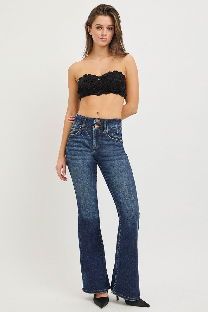 RISEN High Rise Flare Jeans With Seam Detail Waistband - Glamourous Grace