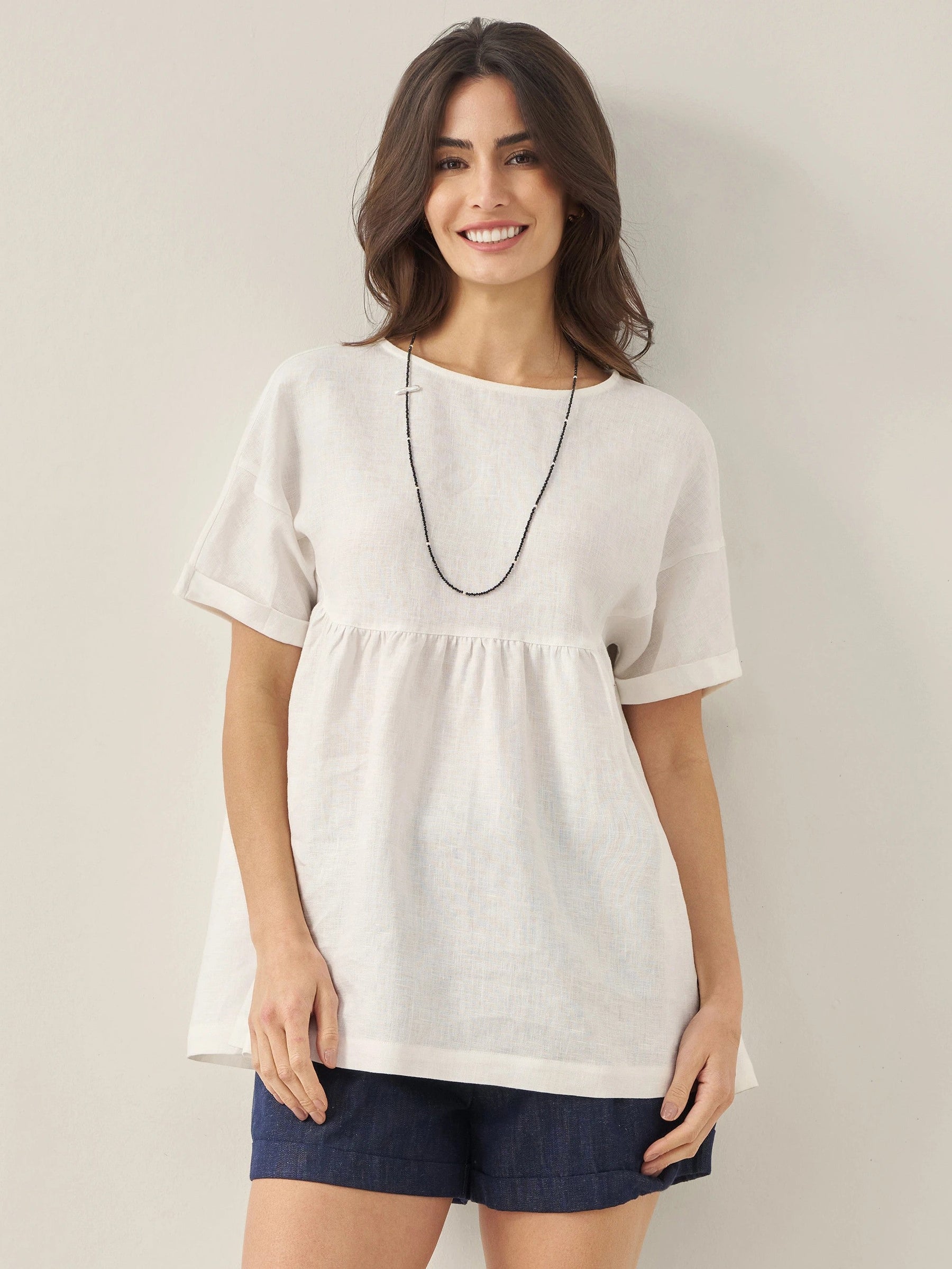100% Linen Round Neck Pleated Pullover Top QUINLAN - Glamourous Grace