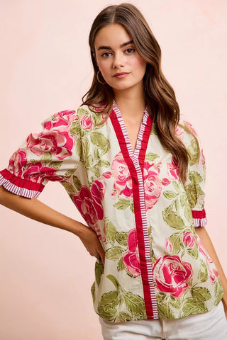 BiBi Floral Printed Woven Contrast Edge Ruffled Blouse - Glamourous Grace