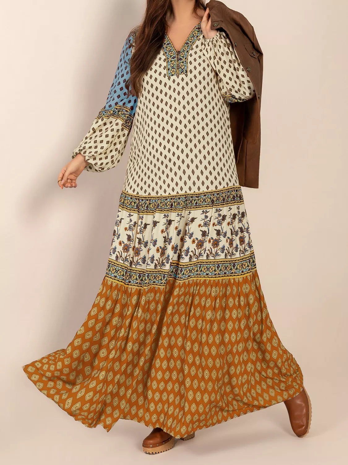 Bohemian Mixed Print Long Sleeve Maxi Dress - Glamourous Grace