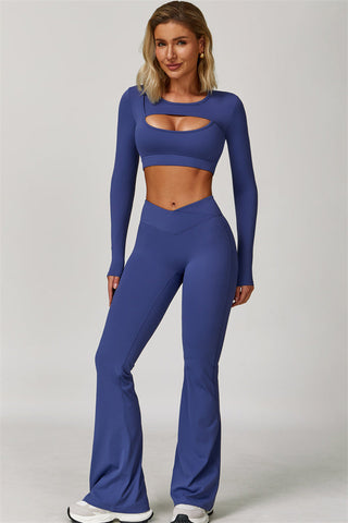 The Lavish Long Sleeve Cut-out Crop Top Flared Leggings 2-Piece Set