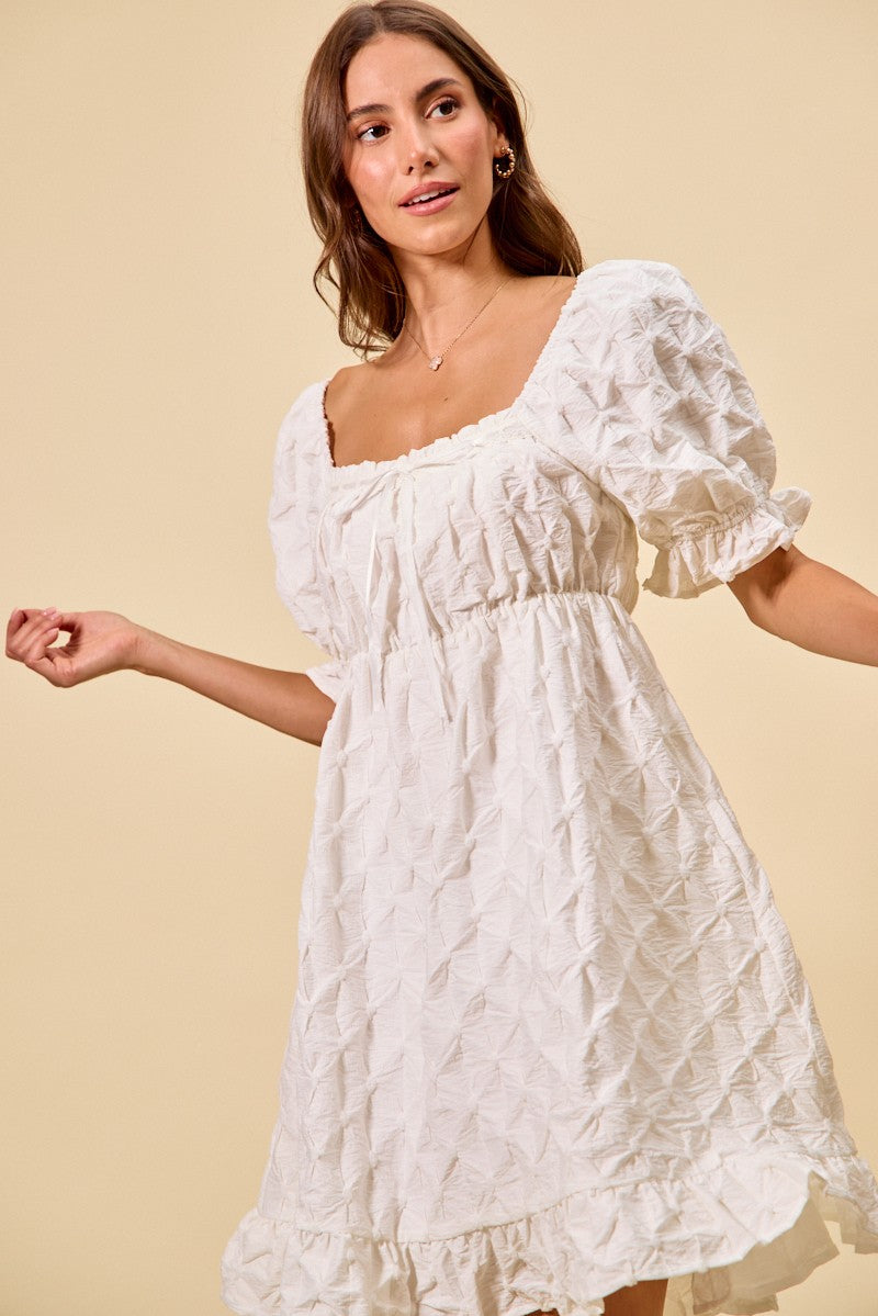 SO ME Texture Woven Ruching On Bust Mini Dress in White - Glamourous Grace