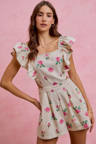 SO ME Floral Print Denim Cut Out Waist Ruffled Romper - Glamourous Grace