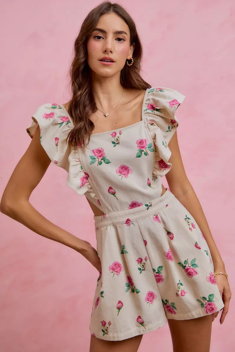 SO ME Floral Print Denim Cut Out Waist Ruffled Romper - Glamourous Grace
