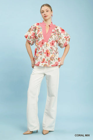 Umgee Mix Floral Puff Sleeve Blouse in Coral - Glamourous Grace